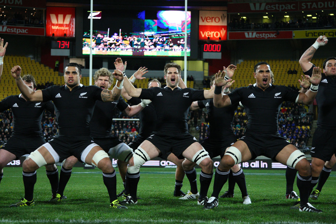 The All Blacks perform the haka before their test match against South Africa at Westpac Stadium, Wellington, 2011