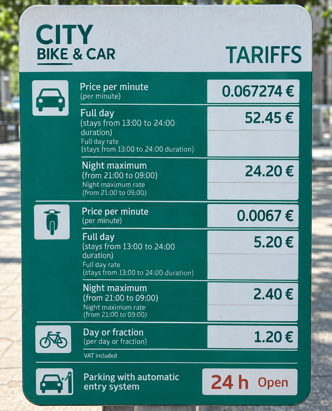 Parking tariff board showing price per minute of 0.067274 €