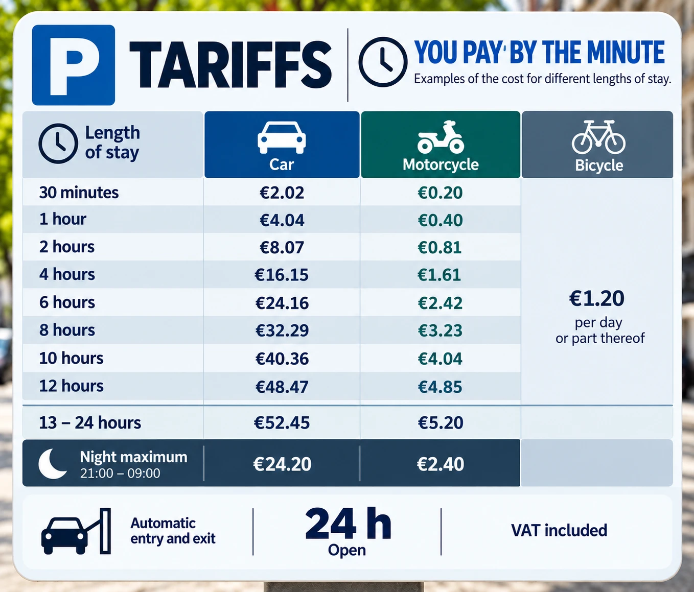 Redesigned parking tariff board showing cost by length of stay